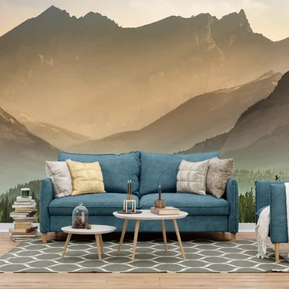 sofa couch in a wall print mountain background