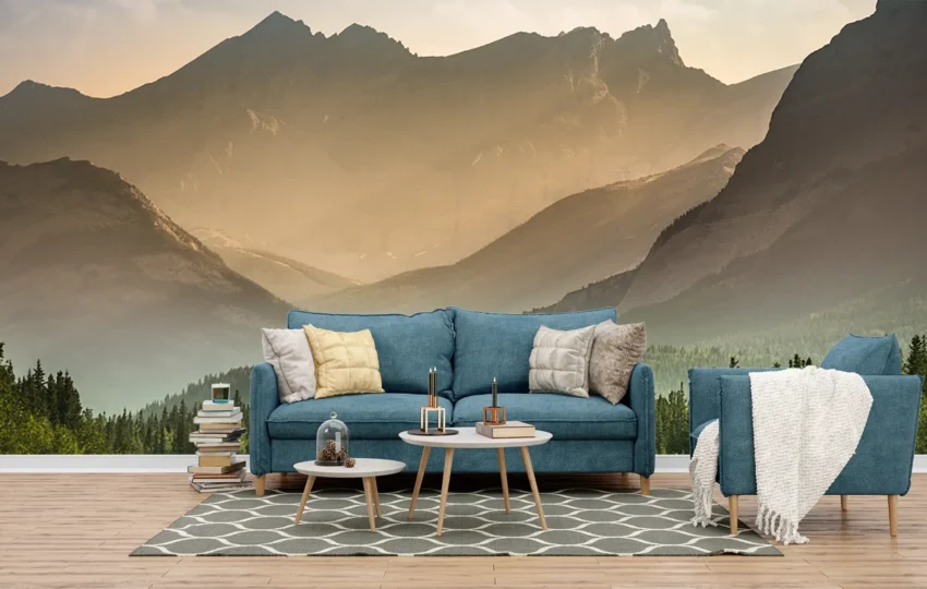 sofa couch in a wall print mountain background