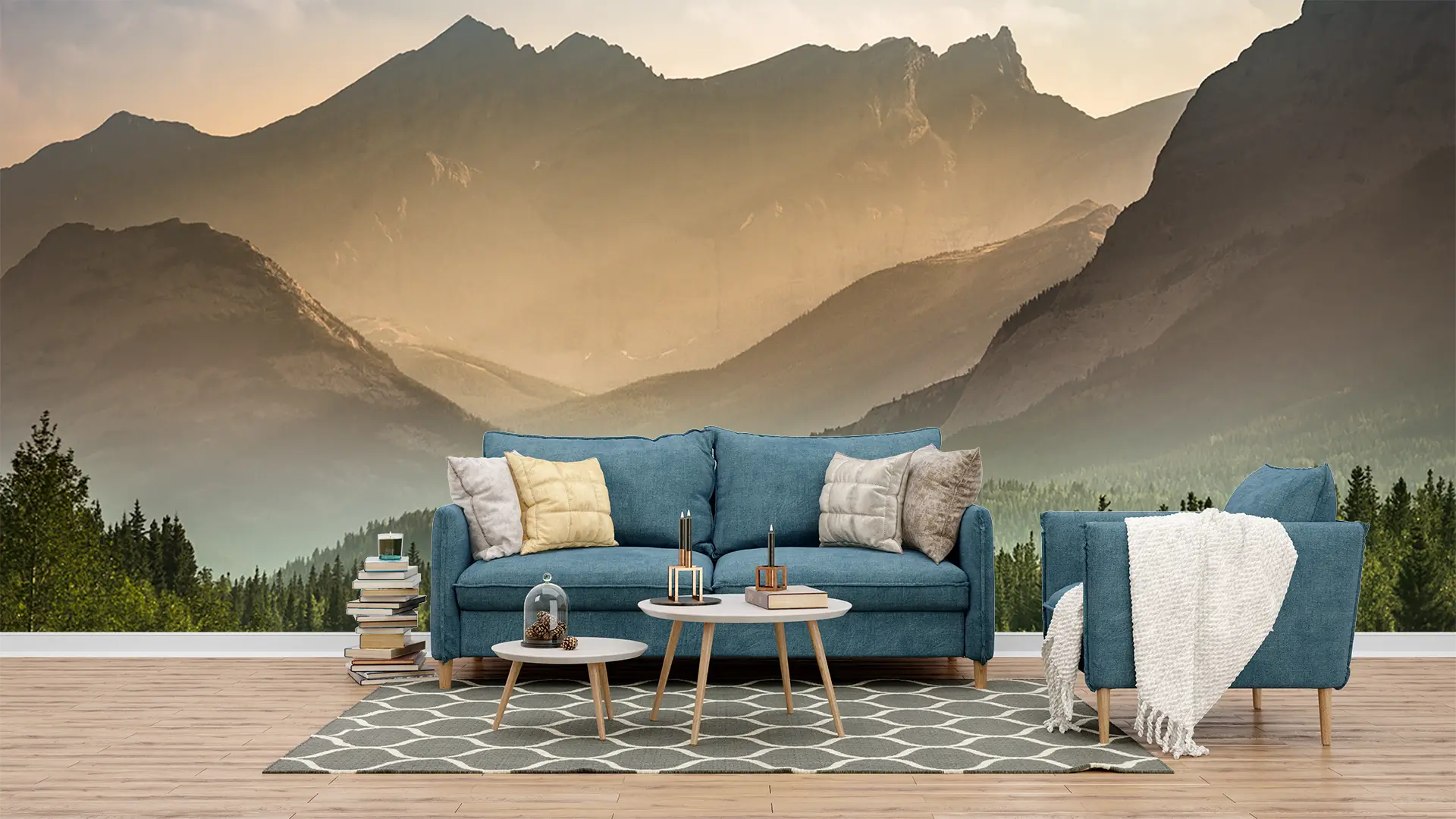 sofa couch in a wall print mountain background
