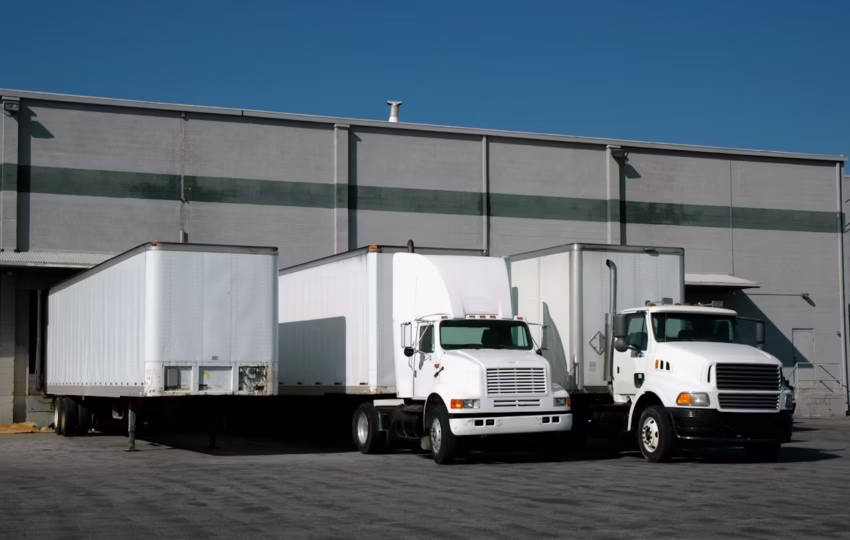 parked trucks in a warehouse